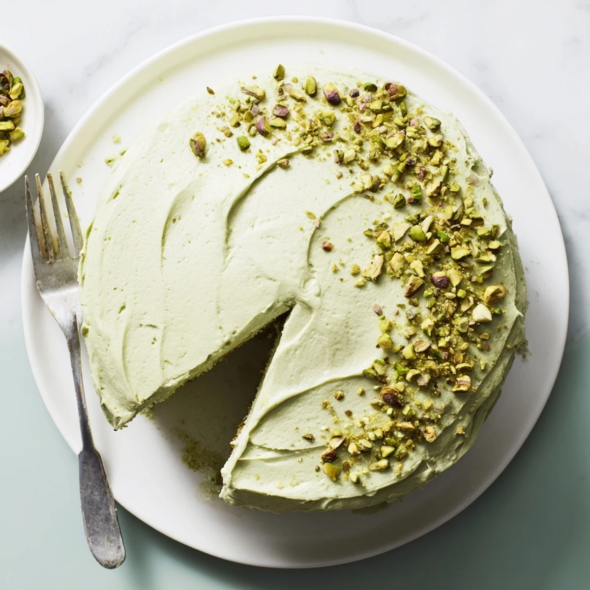 Two-layer pistachio cake with thick buttercream frosting and pistachio garnish on serving platter