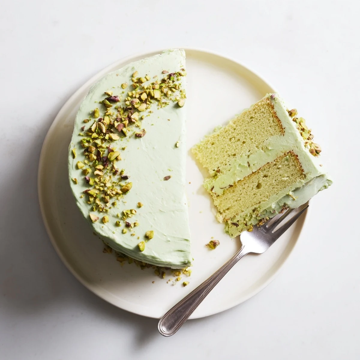 Green pistachio cake layered with smooth buttercream and topped with chopped nuts