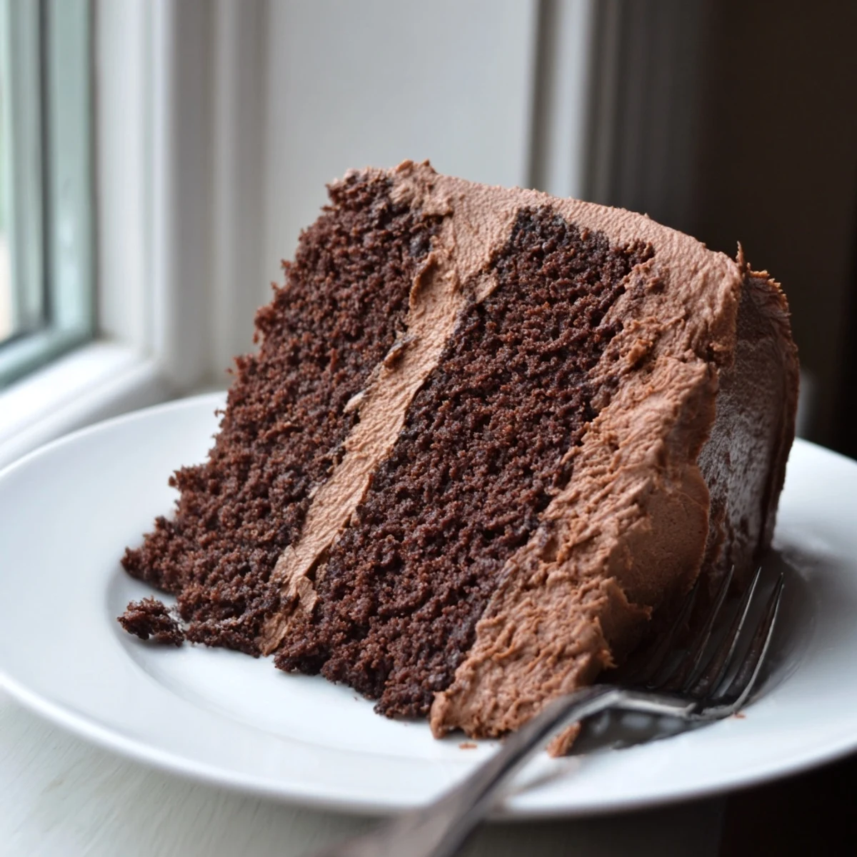 Decadent slice of Matildas Chocolate Cake topped with creamy chocolate frosting and cocoa dusting