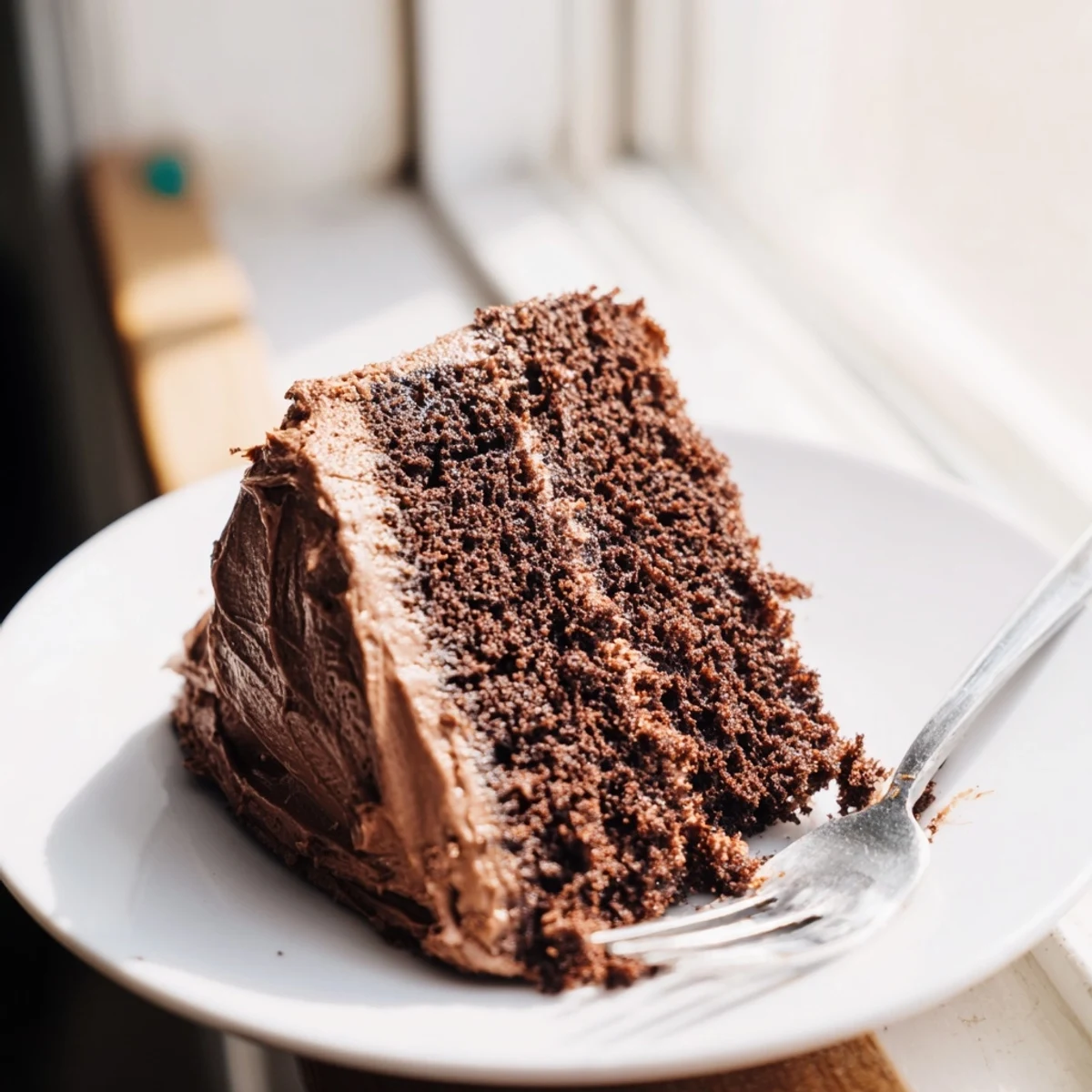 Moist Matildas Chocolate Cake revealing tender dark crumb beneath smooth buttery chocolate frosting