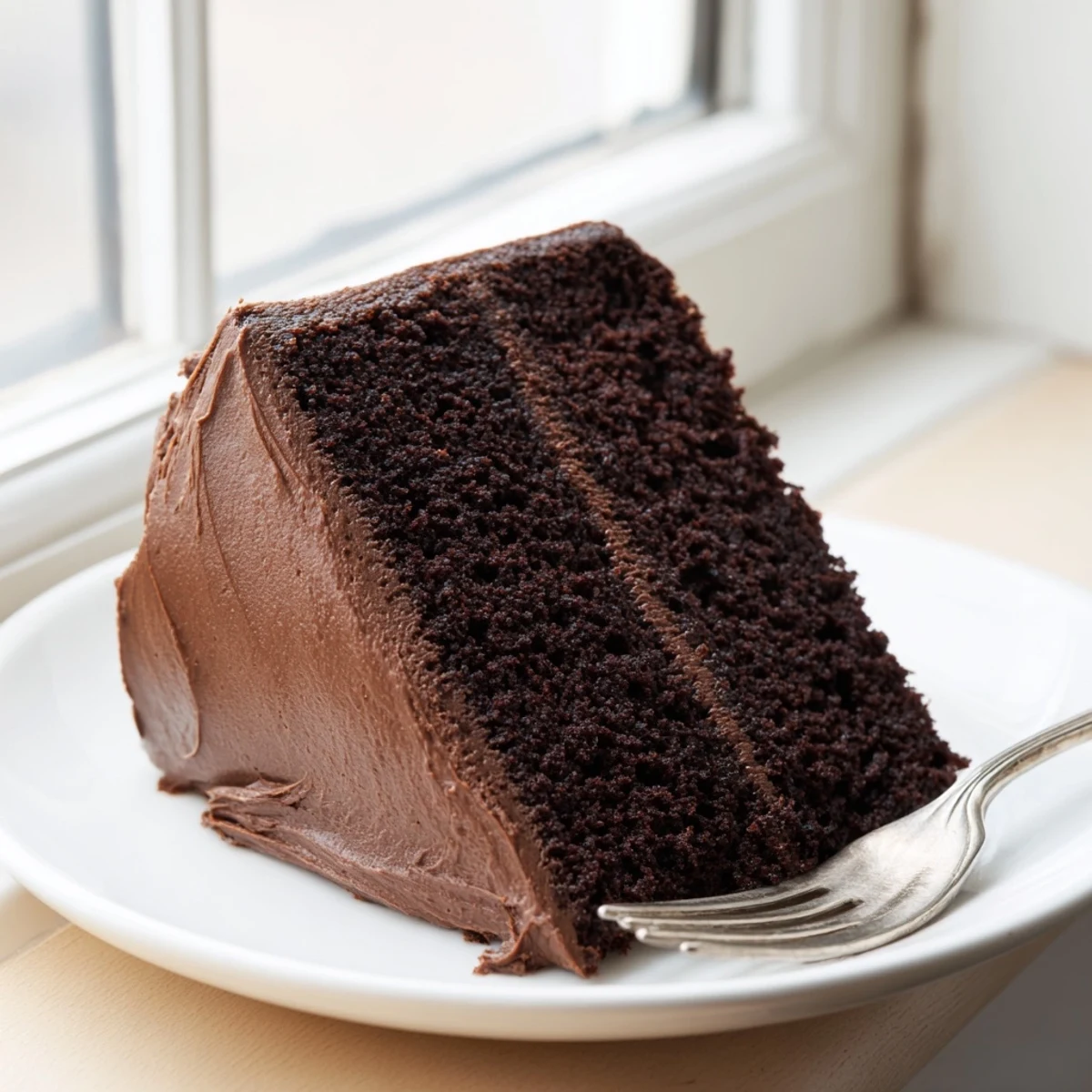 Rich double-layer Matildas Chocolate Cake served with fresh berries and dollop of vanilla ice cream