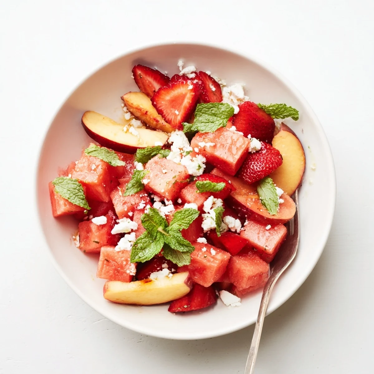 Refreshing summer peach watermelon salad drizzled with zesty lime dressing on a white serving platter