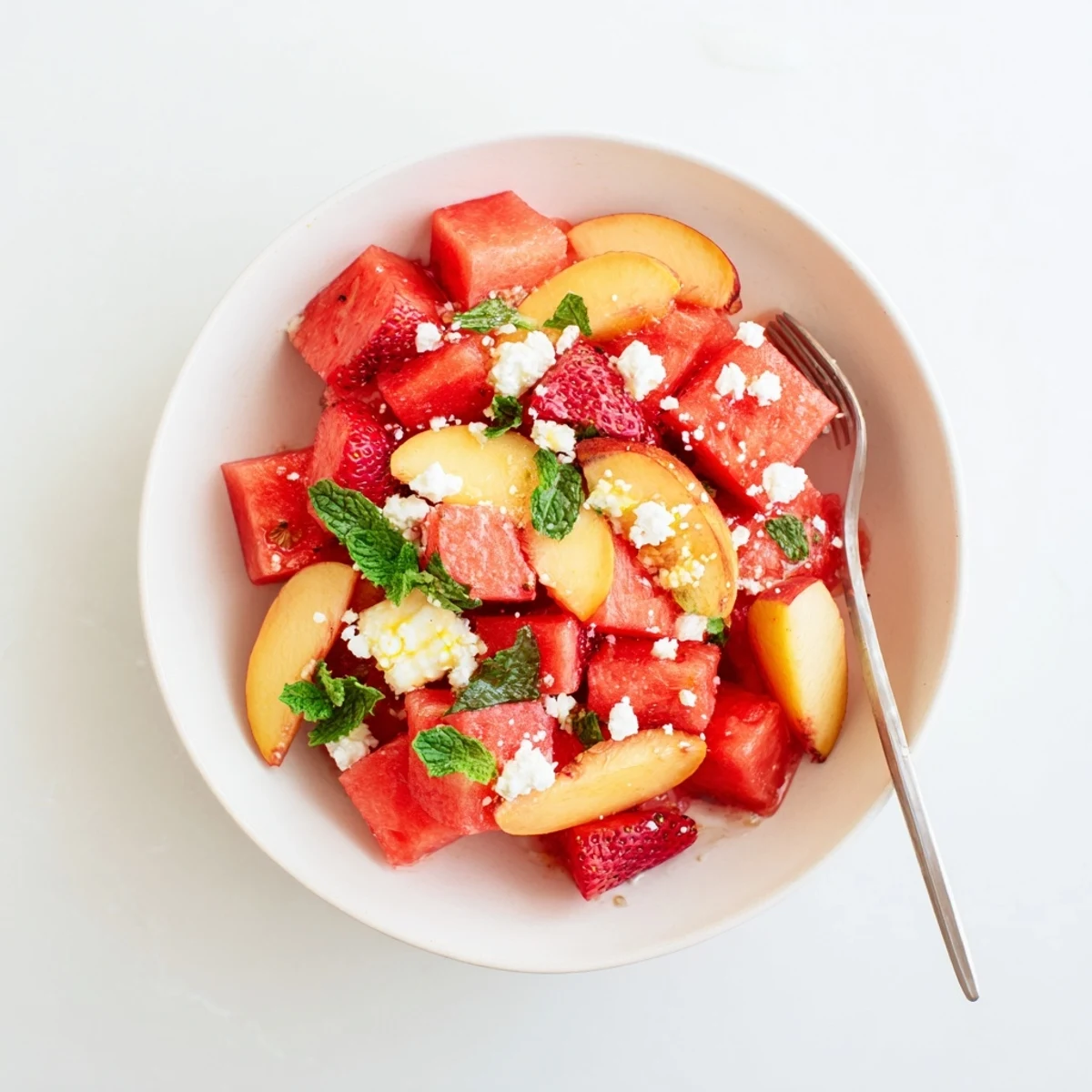 Summer peach watermelon salad featuring juicy ripe fruit chunks tossed with fresh mint leaves