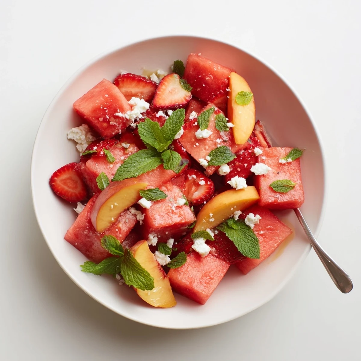 Colorful summer peach watermelon salad bowl topped with crumbled feta and green herbs