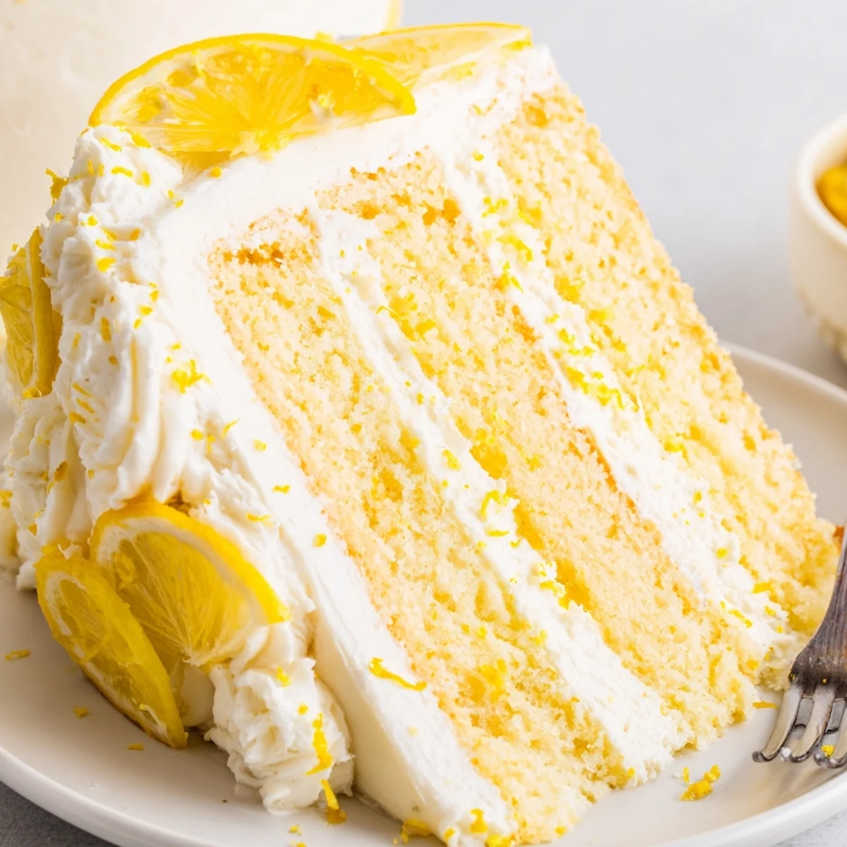 Festive lemon birthday cake decorated with zesty lemon slices on a white serving plate