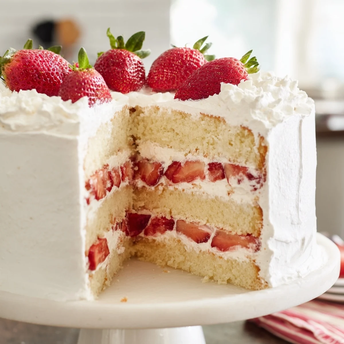 Golden strawberry shortcake cake with fluffy vanilla layers and sweet whipped cream topping