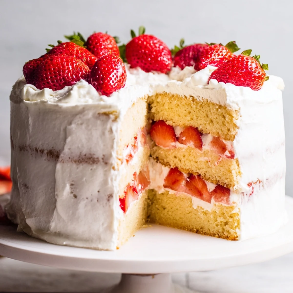 Triple-layer strawberry shortcake cake dripping with fresh berries and clouds of vanilla whipped cream