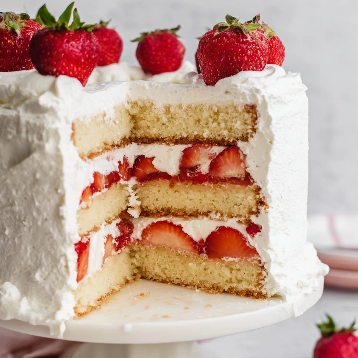 Slice of strawberry shortcake cake showcasing tender sponge, juicy strawberries, and creamy white frosting