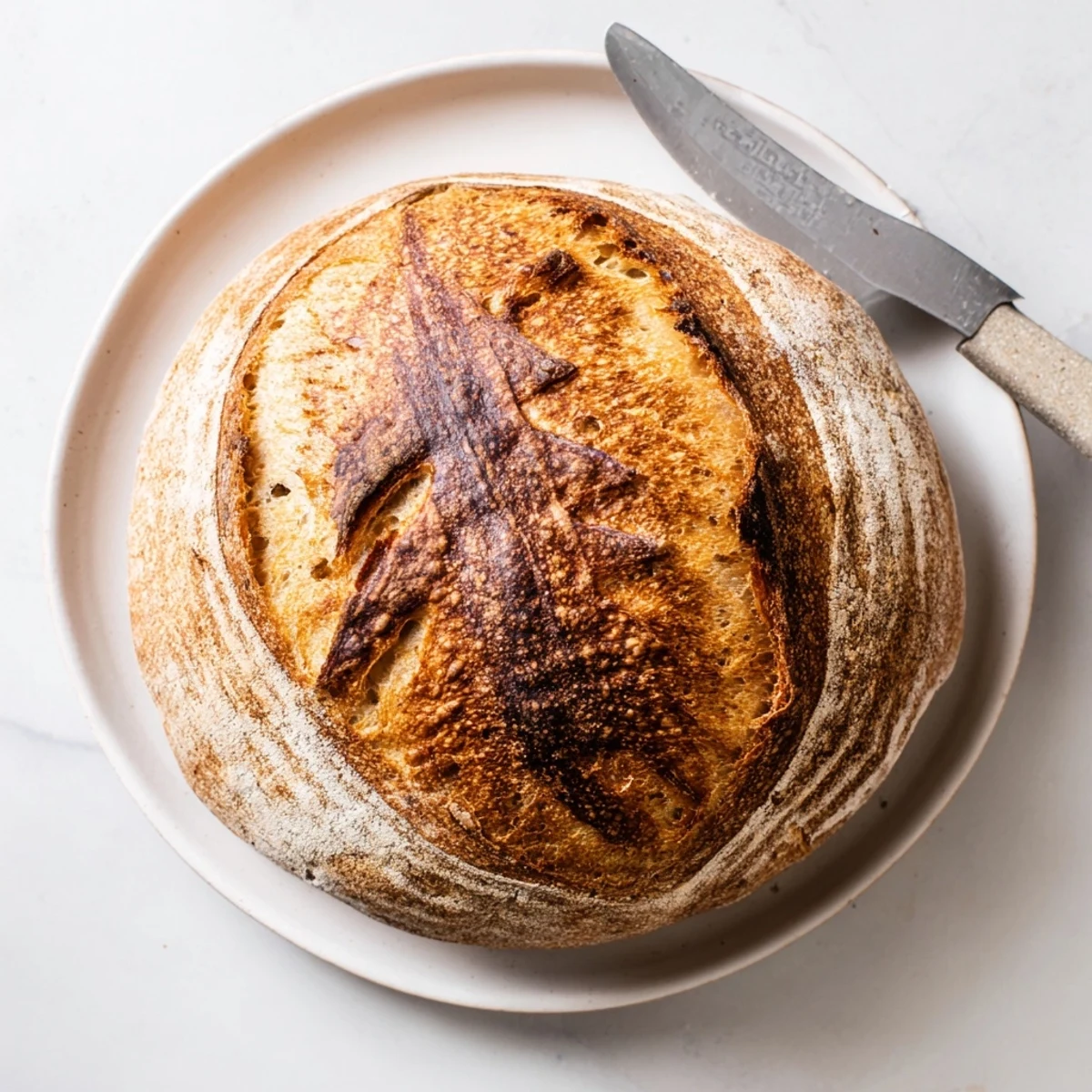 Golden sourdough bread loaf with a crackly crust, baked to perfection in a Dutch oven