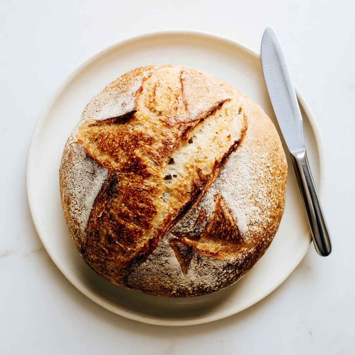 Freshly baked sourdough bread showing a beautifully scored top with deep golden-brown coloration