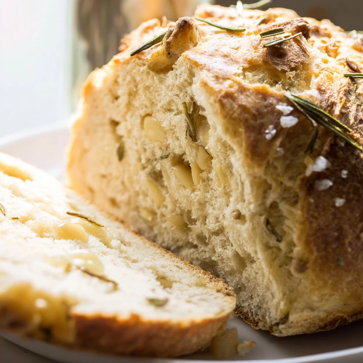 Rustic Dutch oven garlic rosemary bread with golden crust and fresh rosemary sprinkles on a wooden board
