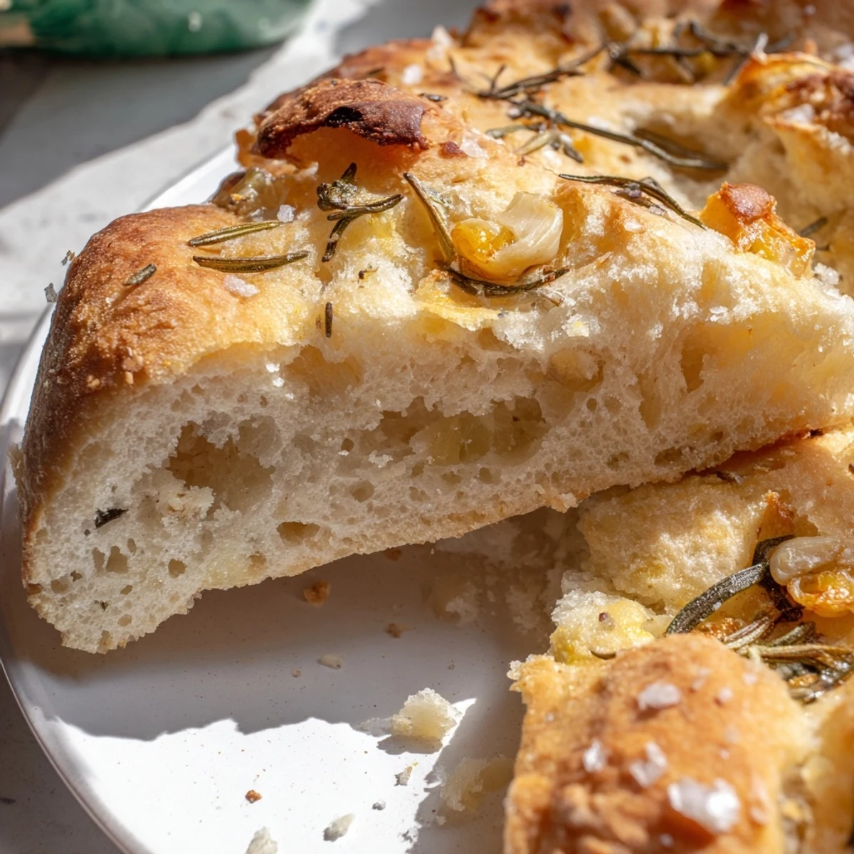 Golden-brown artisan Dutch oven garlic rosemary bread cooling on wire rack with crisp crackly crust texture