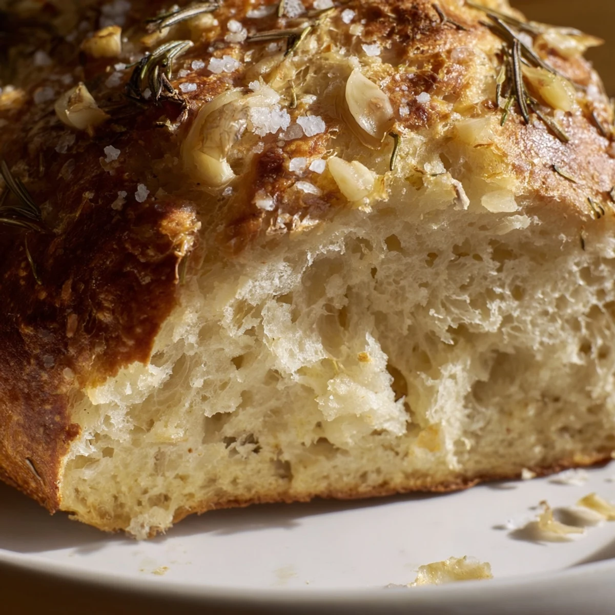 Homemade Dutch oven garlic rosemary bread loaf torn apart revealing soft crumb and aromatic roasted garlic pieces