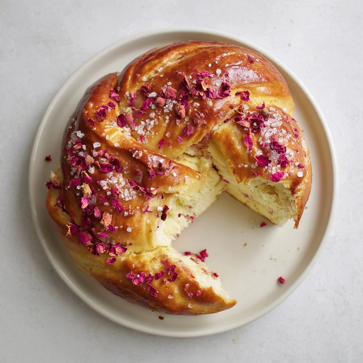 Golden raspberry and rose cheesecake buns with pink fruit center and sugary crust