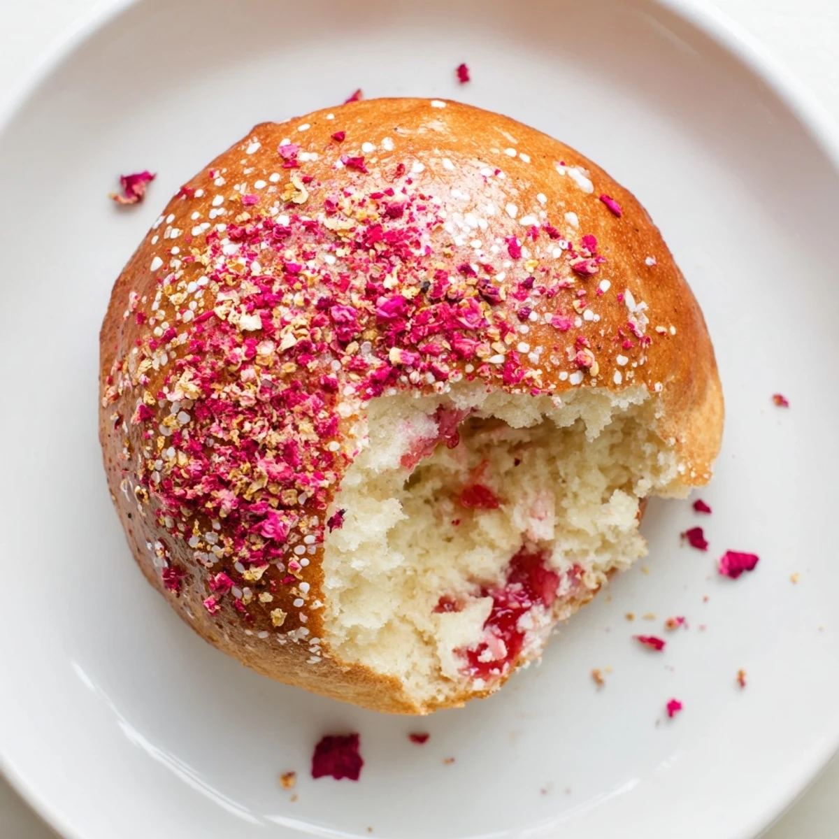Soft rose-infused cheesecake stuffed buns topped with fresh raspberries and edible rose petals
