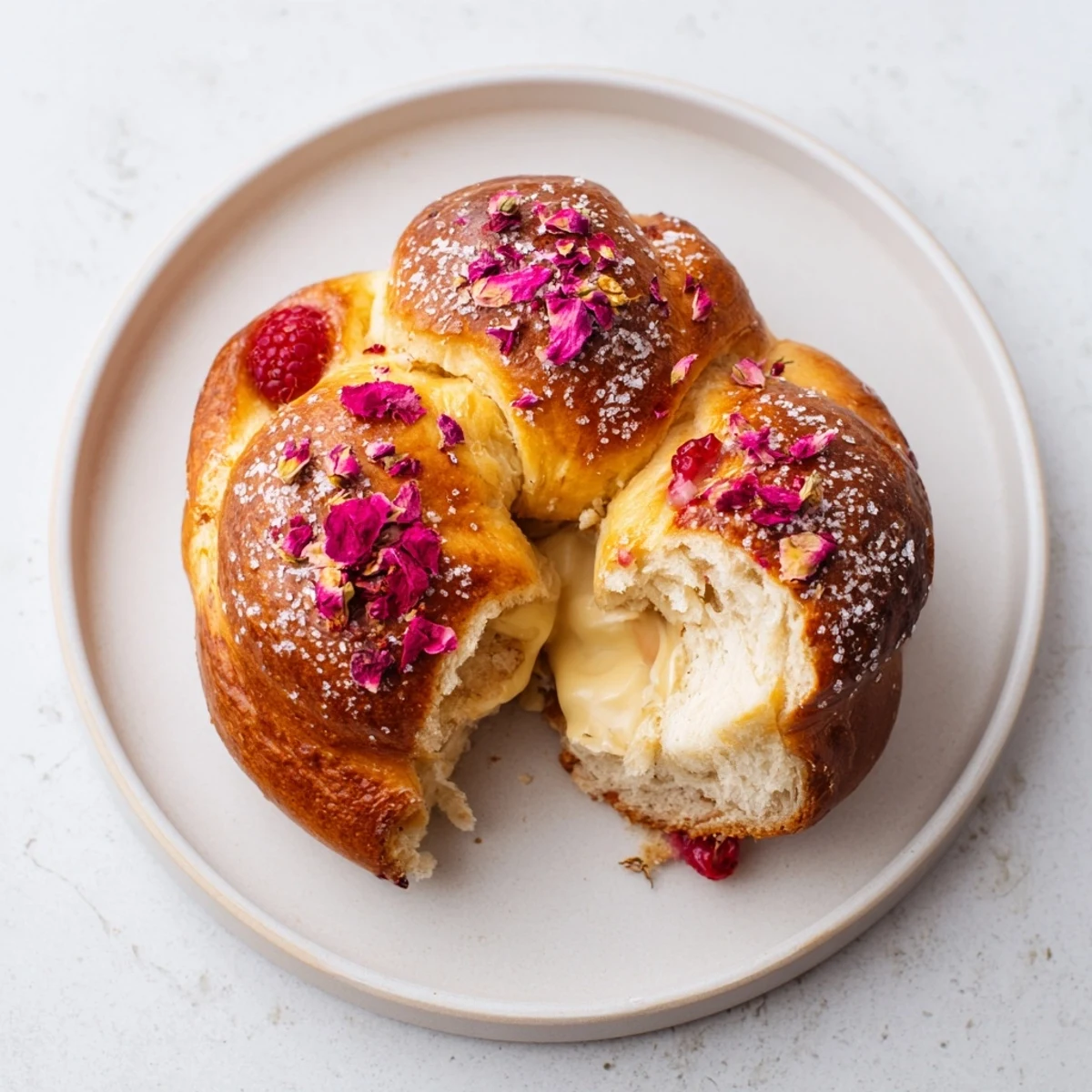 Pillowy breakfast buns filled with creamy rose cheesecake and tart raspberry jam center