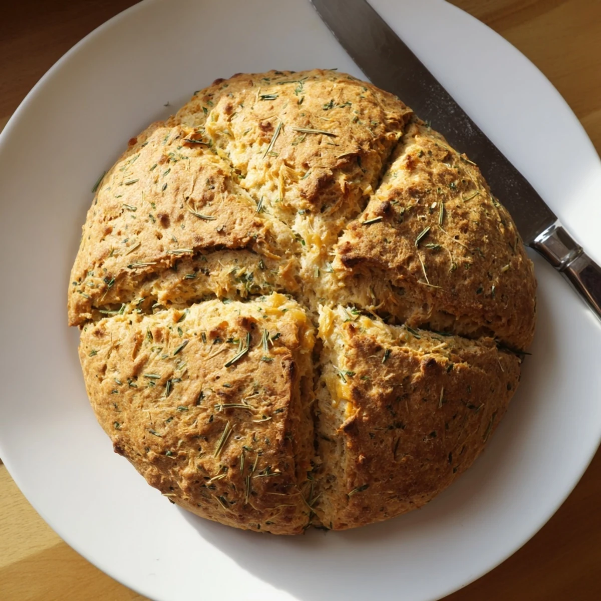 Savory soda bread studded with melted cheddar cheese and fresh herbs, sliced to show tender crumb