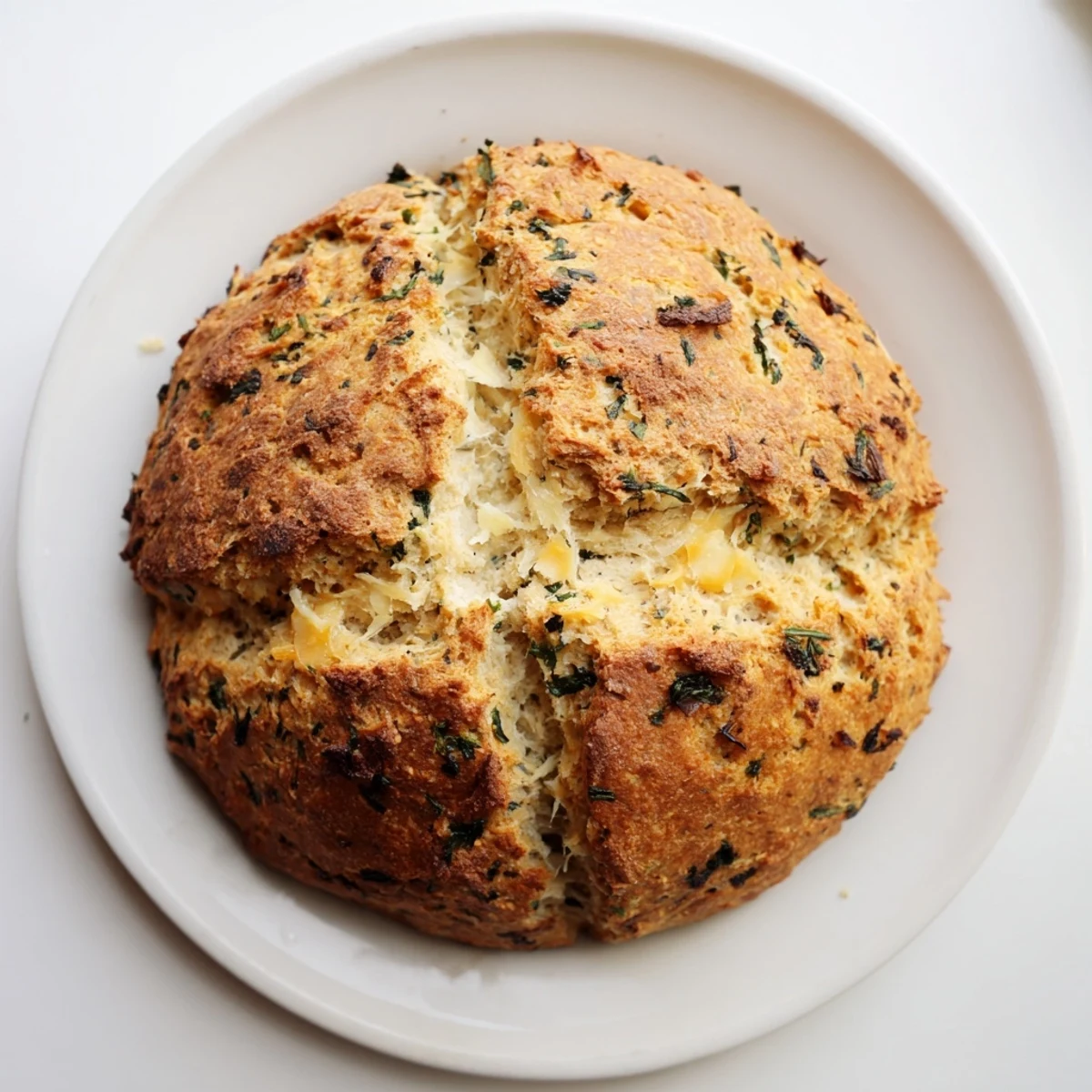 Golden brown cheddar and herb soda bread loaf with a deep cross-cut top on a wooden board