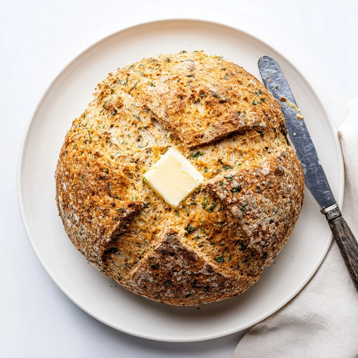 Rustic cheddar and herb soda bread served warm with a knife and butter for spreading