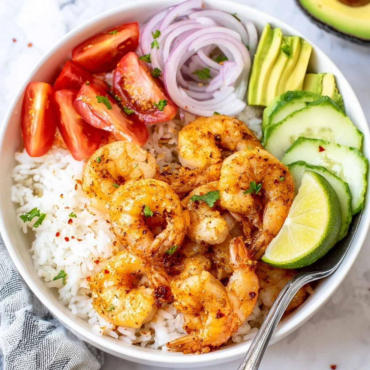 Warm Garlic Shrimp Bowl served with lime wedges, cilantro, and crisp cucumber