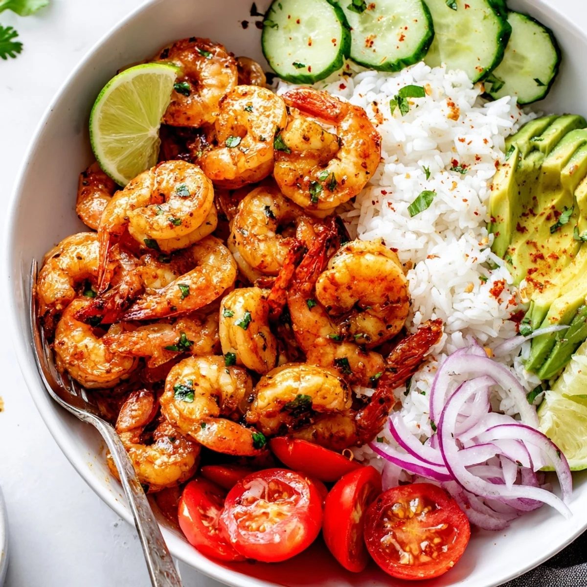 Garlic Shrimp Bowl with sizzling shrimp, fluffy rice, avocado, cherry tomatoes
