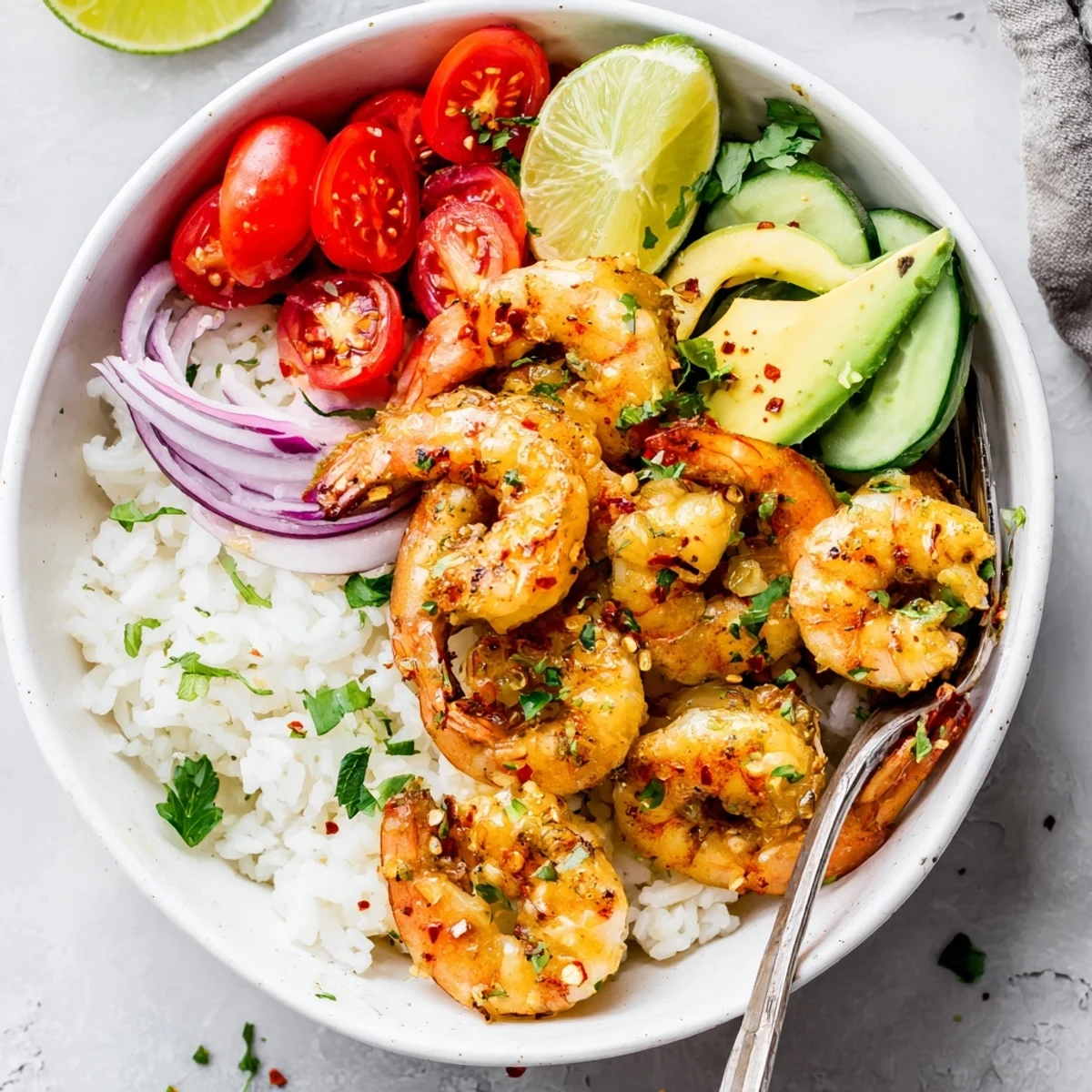 Pan-seared Garlic Shrimp Bowl layered with lemony shrimp, tomatoes, and rice