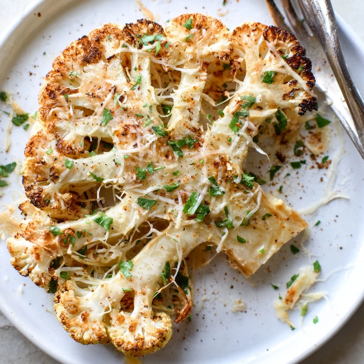 Cheesy Cauliflower Steaks with golden bubbly cheese, roasted edges and parsley