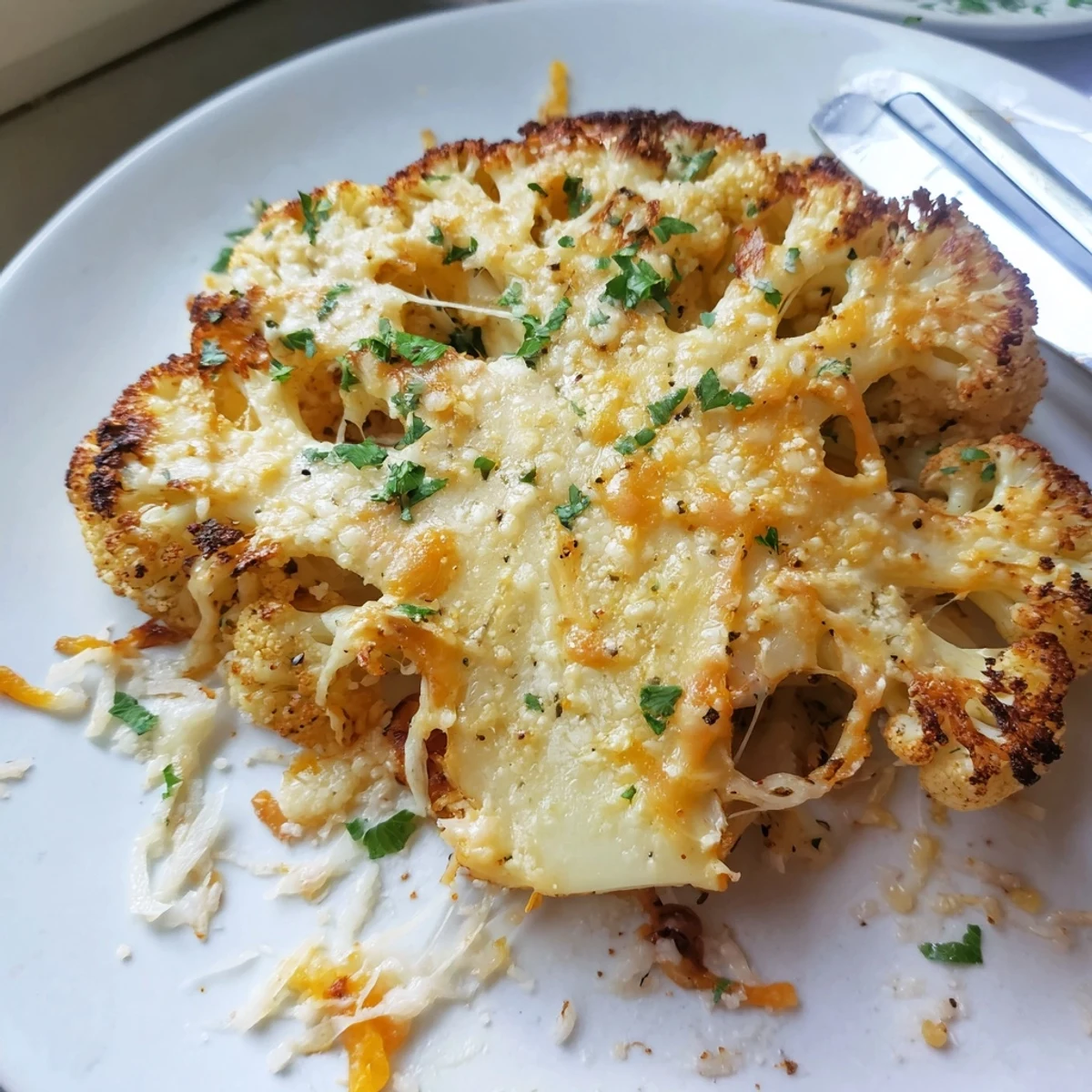 Family-style Cheesy Cauliflower Steaks served warm, crisped sides and melted cheese