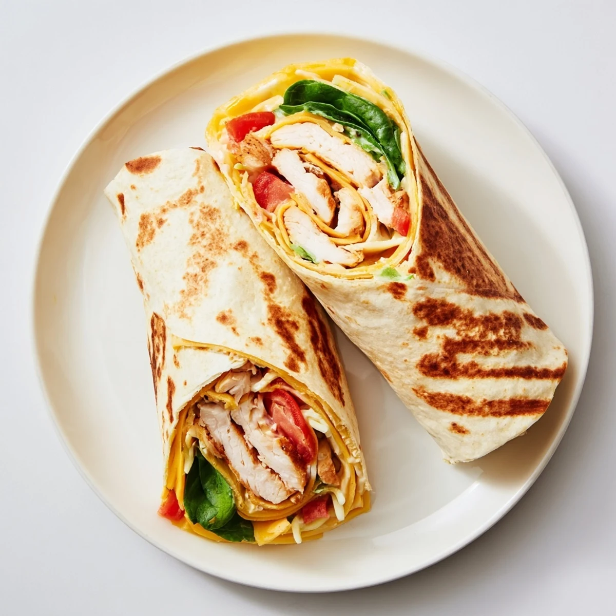 Warm Cheesy Garlic Chicken Wraps sliced in half, melty cheese oozing