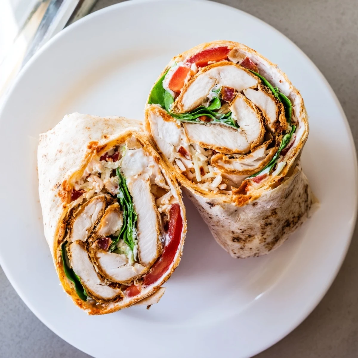 Packed Cheesy Garlic Chicken Wraps with spinach and tomato, ready for lunch