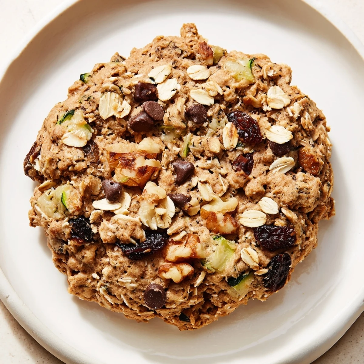 Golden brown zucchini bread breakfast cookies studded with chopped walnuts and raisins on a wire rack
