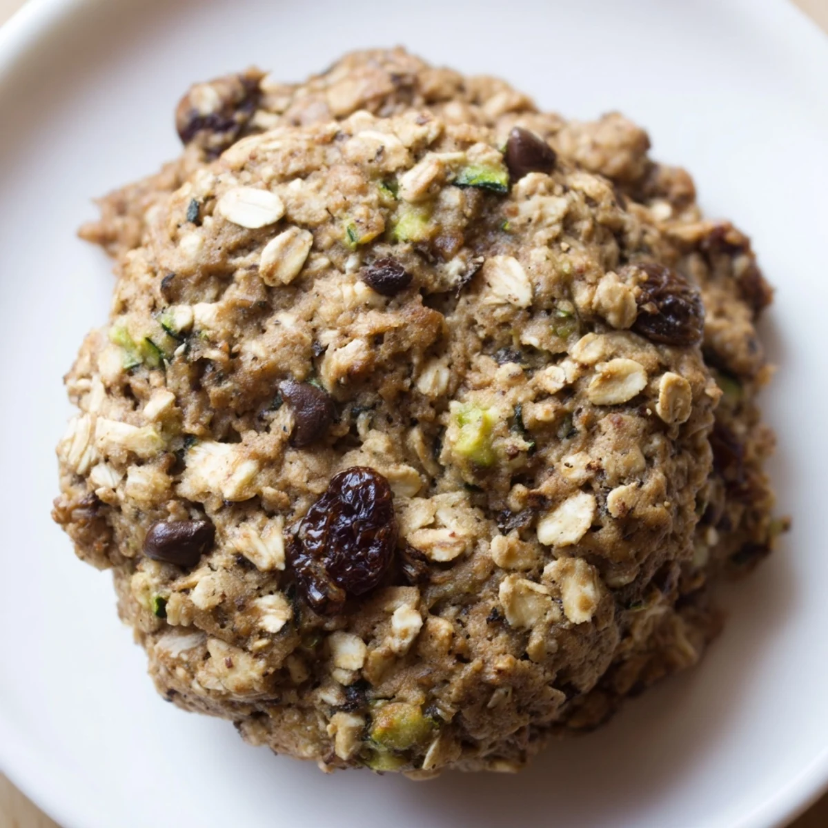 Soft wholesome oatmeal zucchini breakfast cookies cooling on a parchment-lined baking sheet with melted chocolate chips