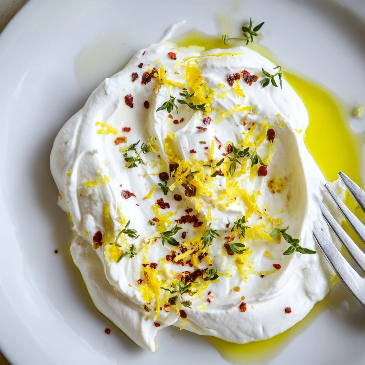 Creamy whipped ricotta spread drizzled with olive oil and fresh herbs on a rustic wooden board