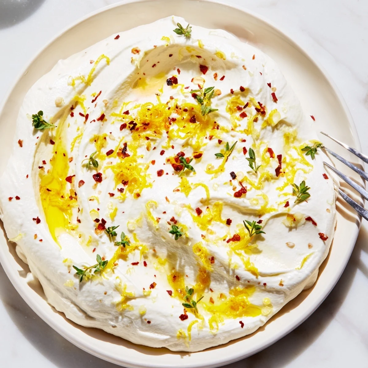 Velvety whipped ricotta dip in a white bowl garnished with thyme and cracked black pepper