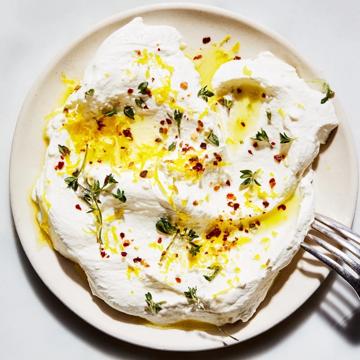 Light and airy whipped ricotta appetizer topped with lemon zest and honey served with toasted bread