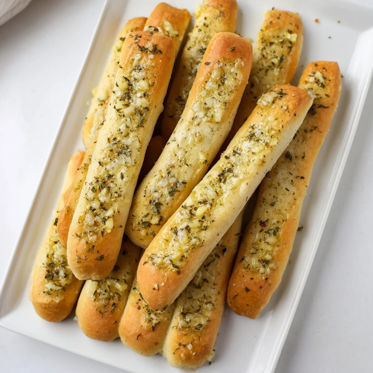 Soft Italian garlic breadsticks arranged on a baking sheet with golden brown crusts