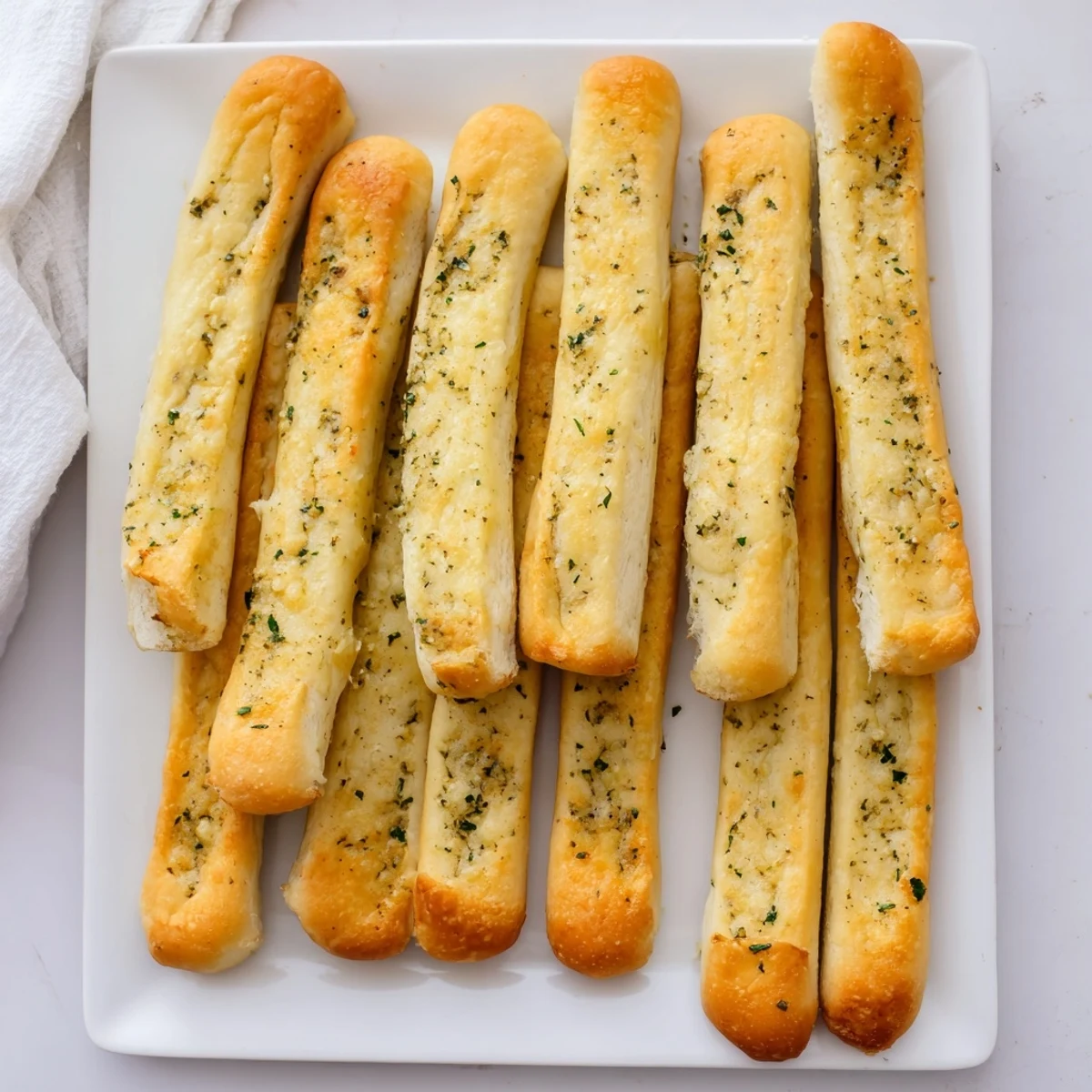 Golden homemade garlic breadsticks fresh from the oven brushed with melted butter and parsley