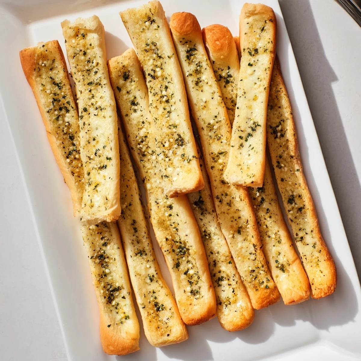 Warm fluffy garlic breadsticks topped with savory garlic butter and dried parsley sprinkles
