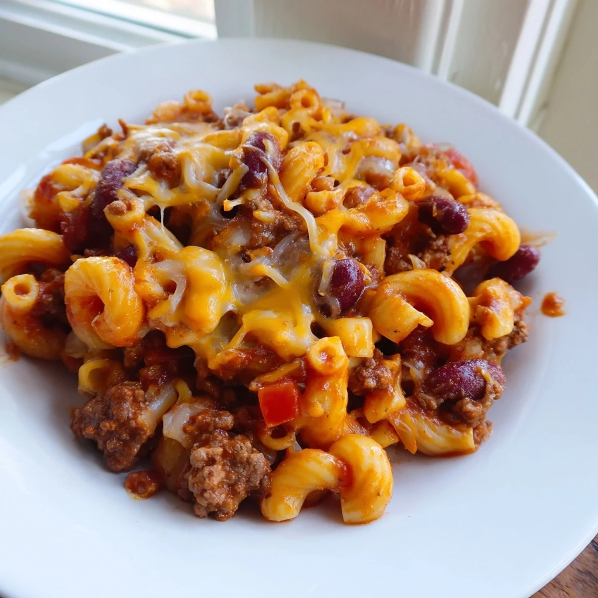 Steaming bowl of chili mac and cheese topped with melted cheddar and fresh green onions