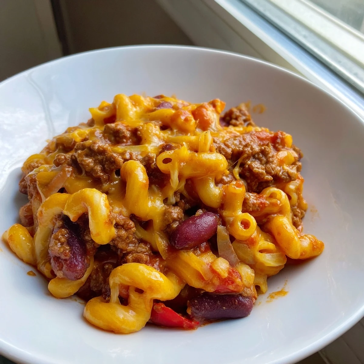 Creamy chili mac and cheese recipe featuring tender beef macaroni in rich tomato cheese sauce