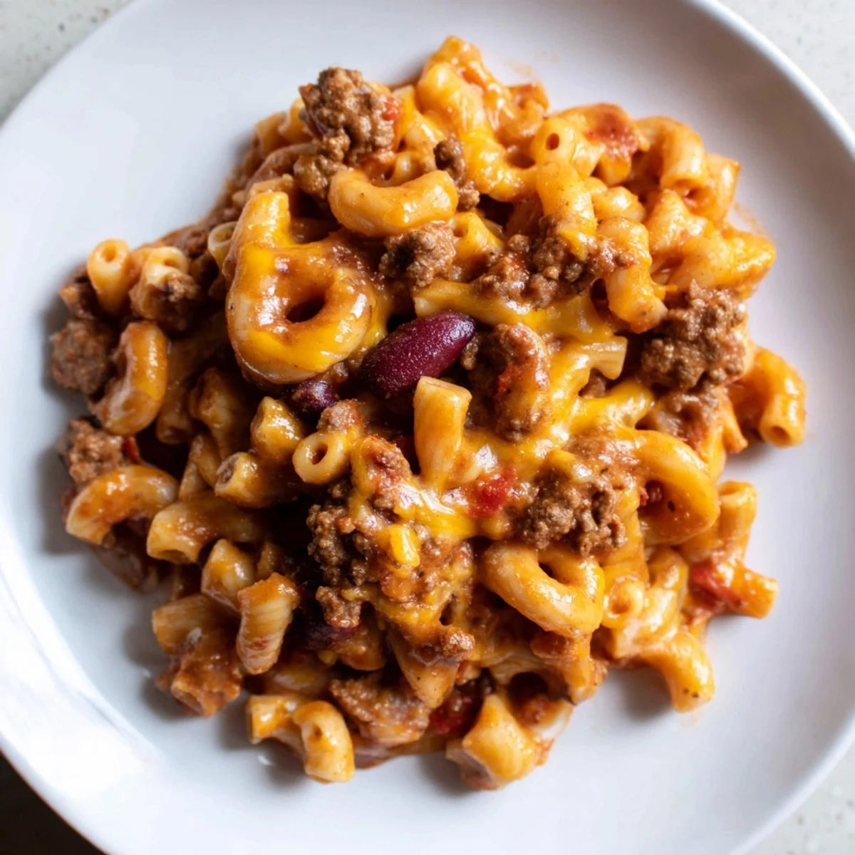 Hearty chili mac and cheese bubbling in a cast iron skillet with golden cheese topping