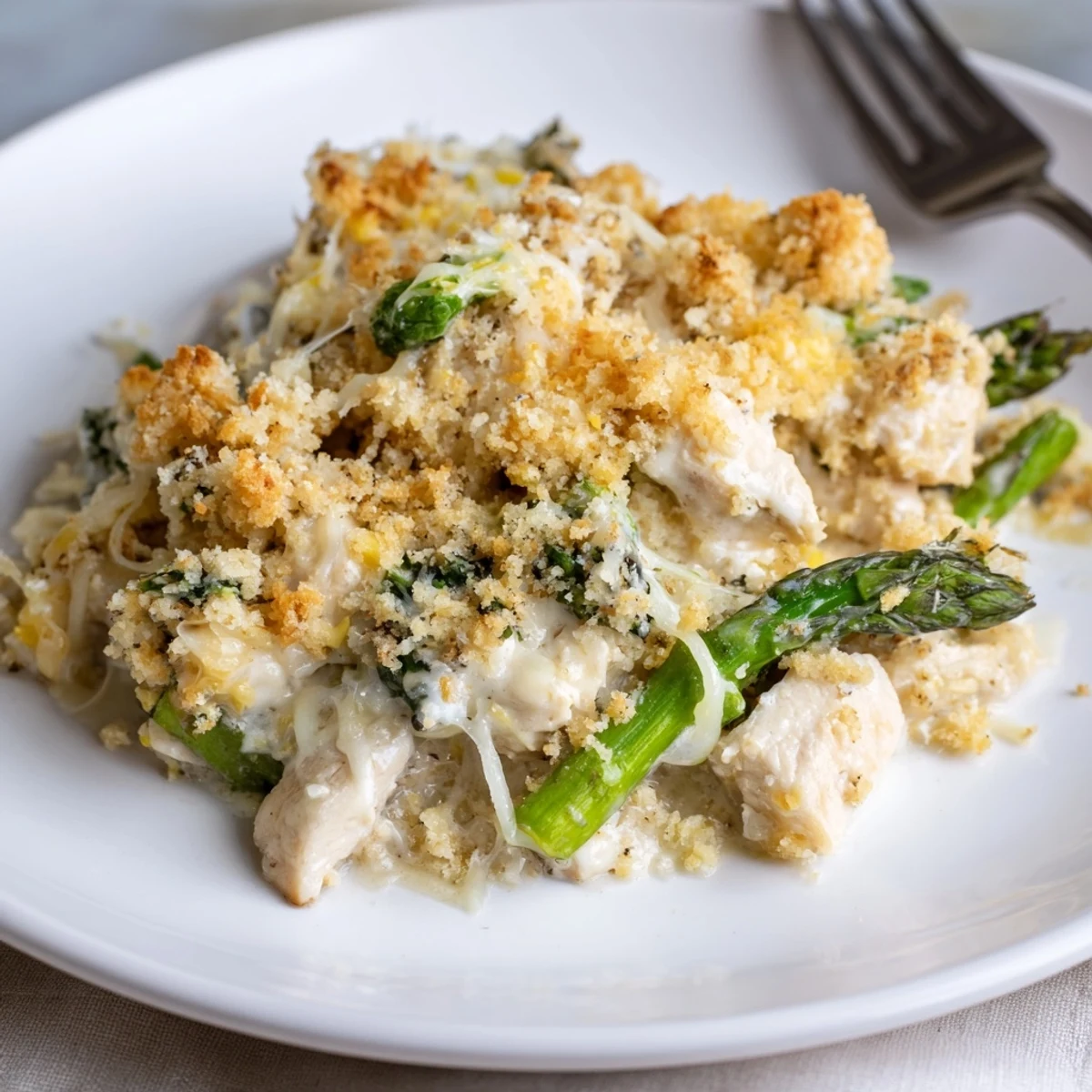 A slice of Creamy Chicken Asparagus Bake on plate, creamy sauce glistening