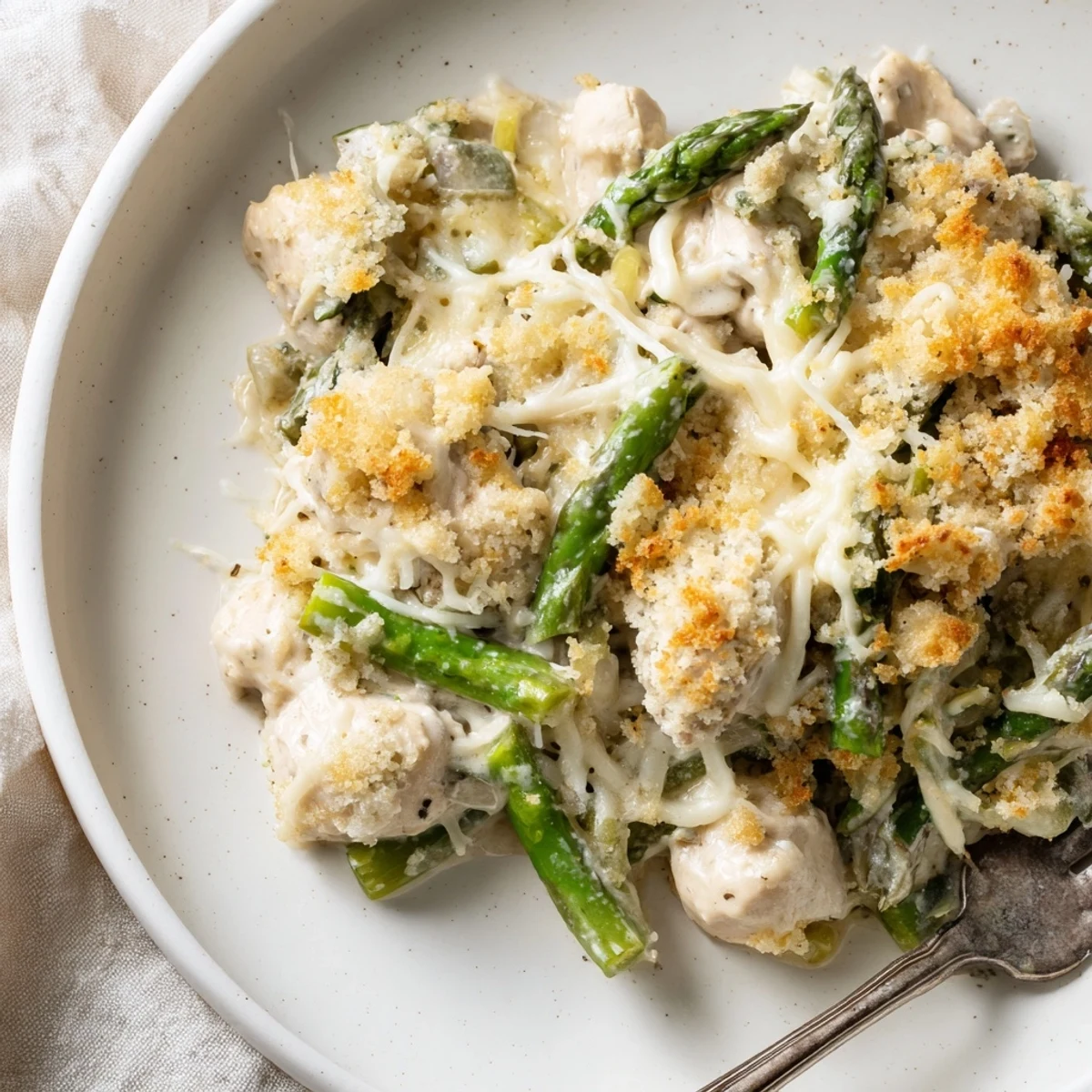 Weeknight-ready Creamy Chicken Asparagus Bake topped with crunchy breadcrumbs and herbs