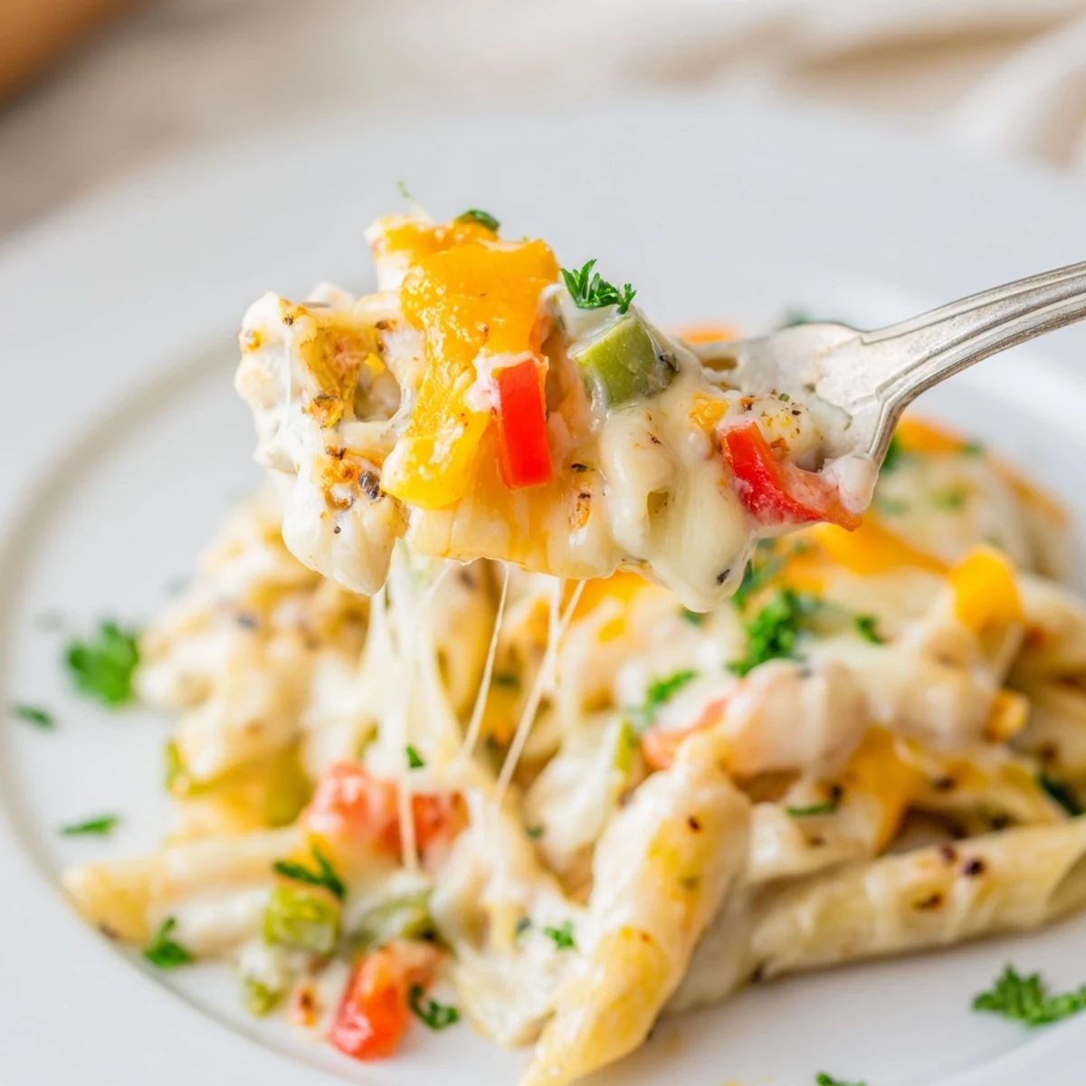 Hot Cheesy Stuffed Pepper Skillet Pasta twirls on a fork, creamy tomato sauce.