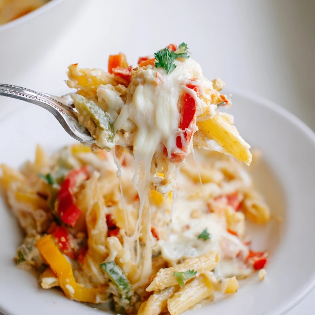 Cheesy Stuffed Pepper Skillet Pasta bubbling, melty cheese over colorful sauteed peppers.