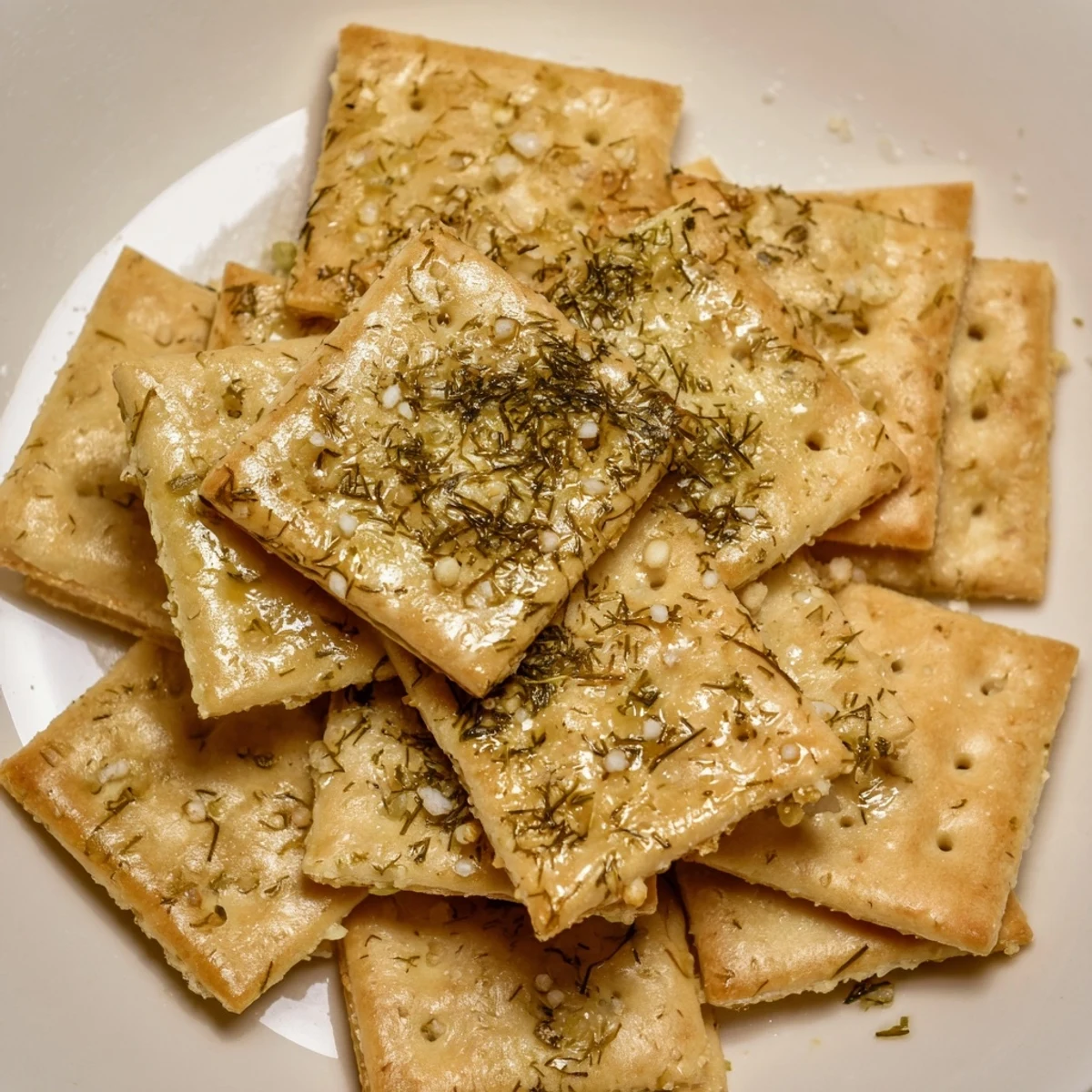 Crunchy Dill Pickle Saltines seasoned with dried dill, perfect for party snacking