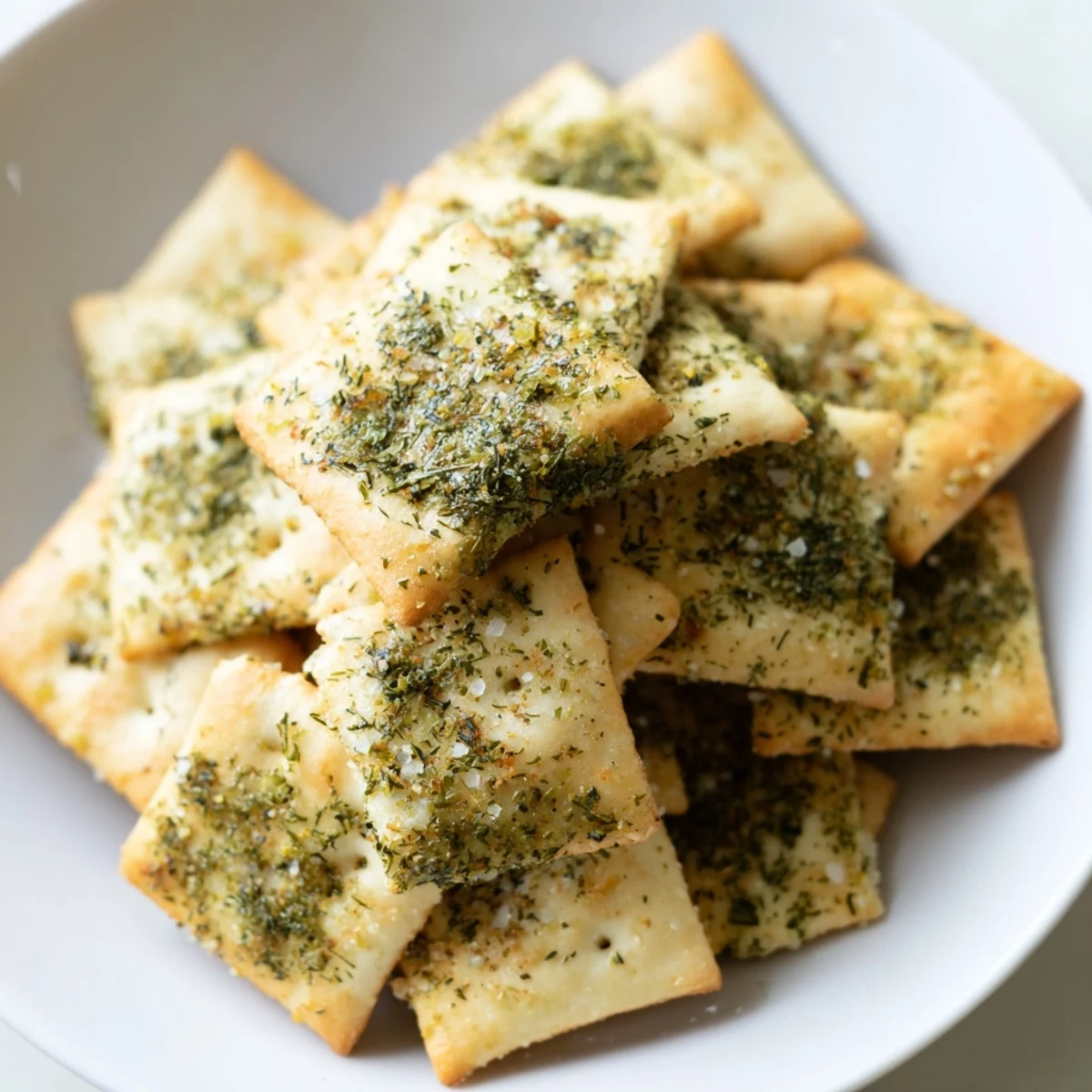 Salty, tangy Dill Pickle Saltines piled next to ranch dip, crispy
