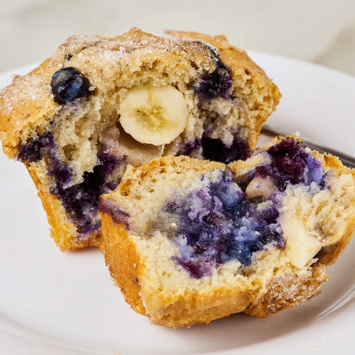 Tray of Blueberry Banana Muffins dotted with cinnamon sugar, perfect snack