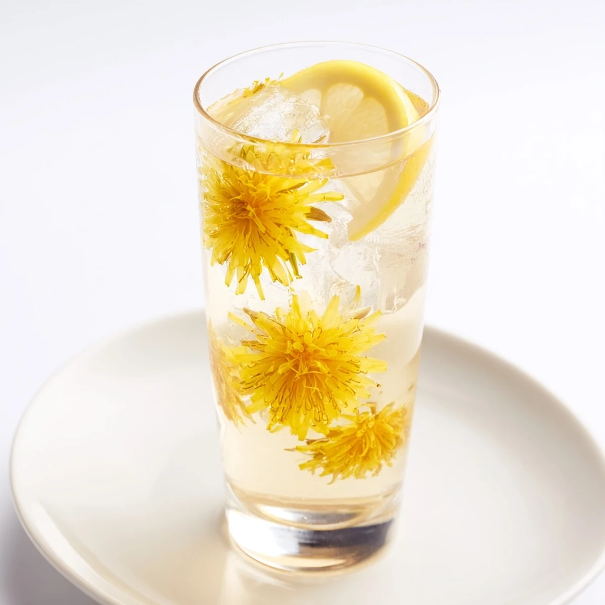 Dandelion Lemonade Recipe pitcher with ice, lemon slices, bright floral yellow infusion  