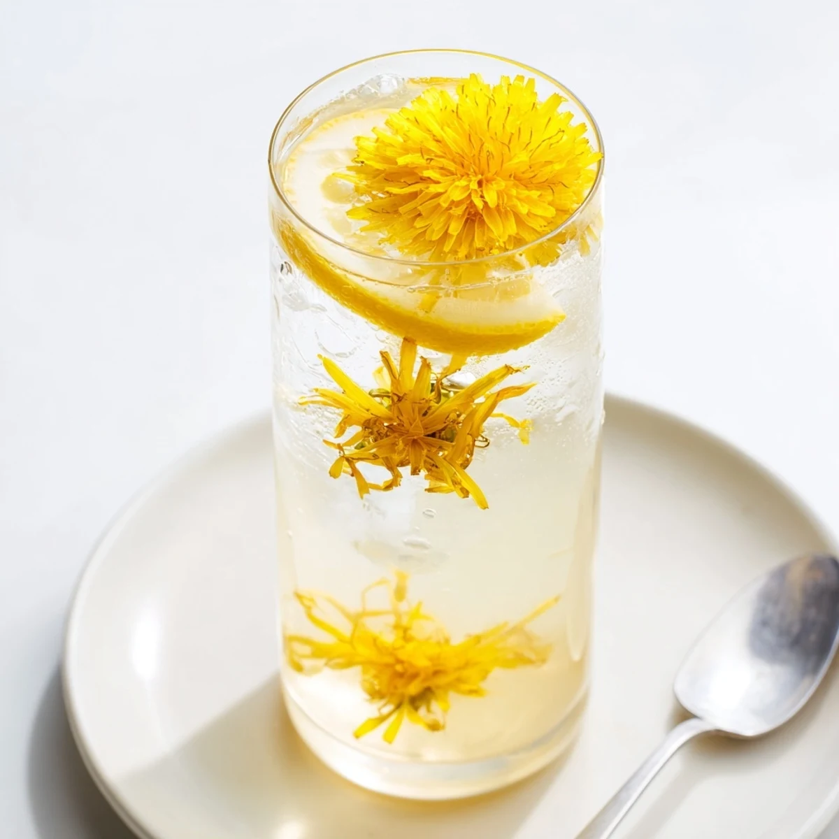 Chilled Dandelion Lemonade Recipe poured over ice, garnished with fresh lemon slices  